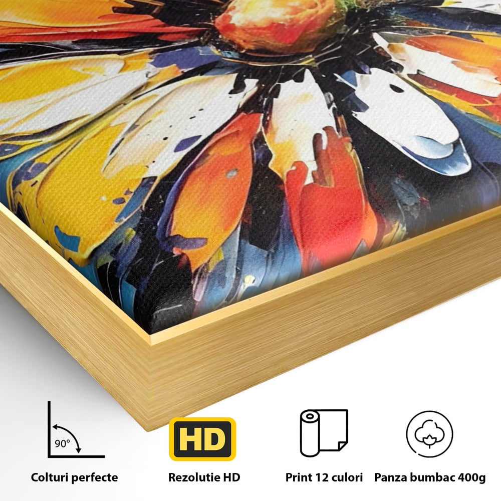 Detaliu al suprafetei: pictura abstracta cu floare colorata, in rama de aluminiu auriu